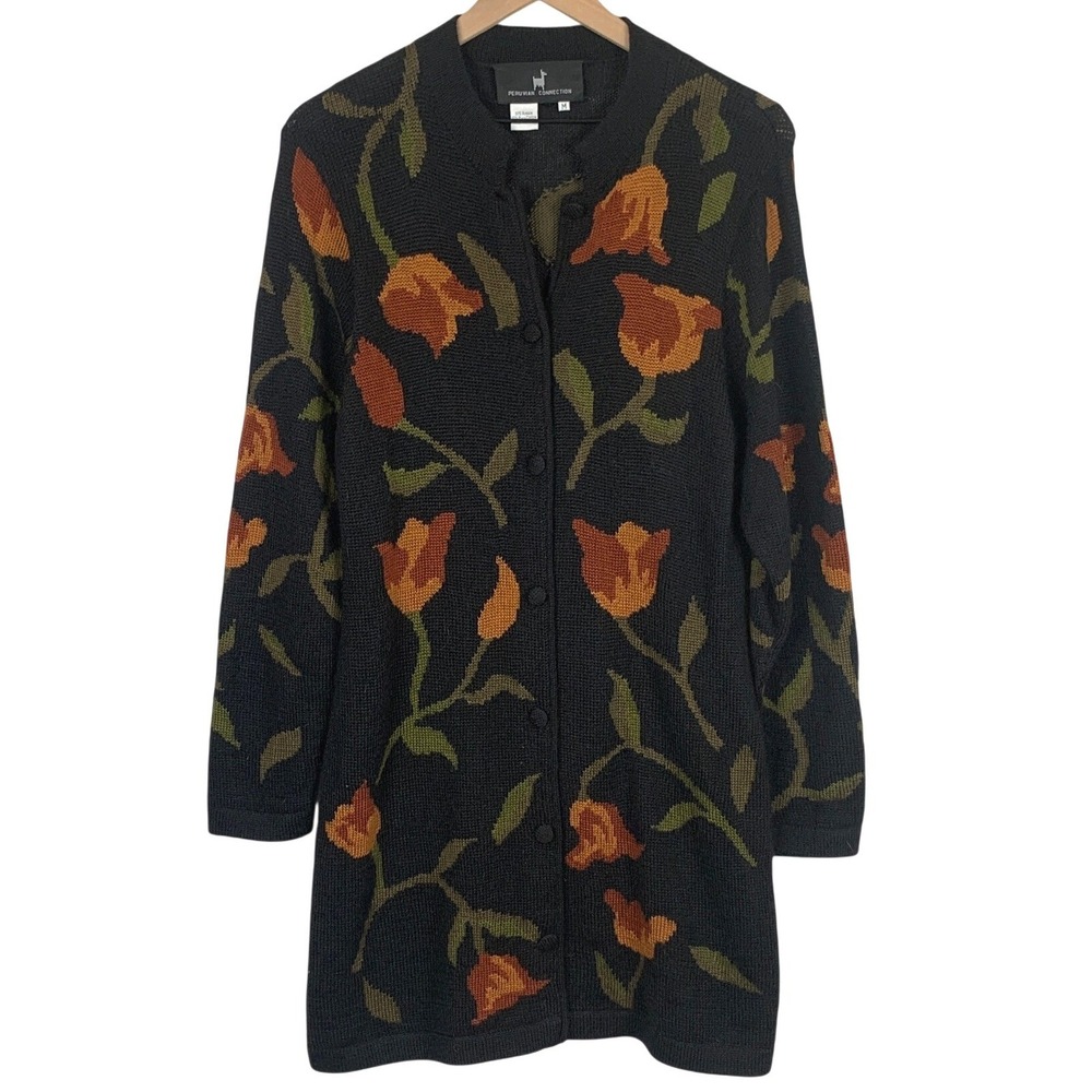 PERUVIAN CONNECTION Alpaca Pima Cotton Floral Tulip Long Cardigan Sweater Sz M